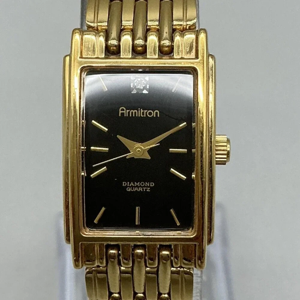 Armitron Diamond 26/5182 Womens Watch 17mm Black Gold Tone New Battery 7.25
